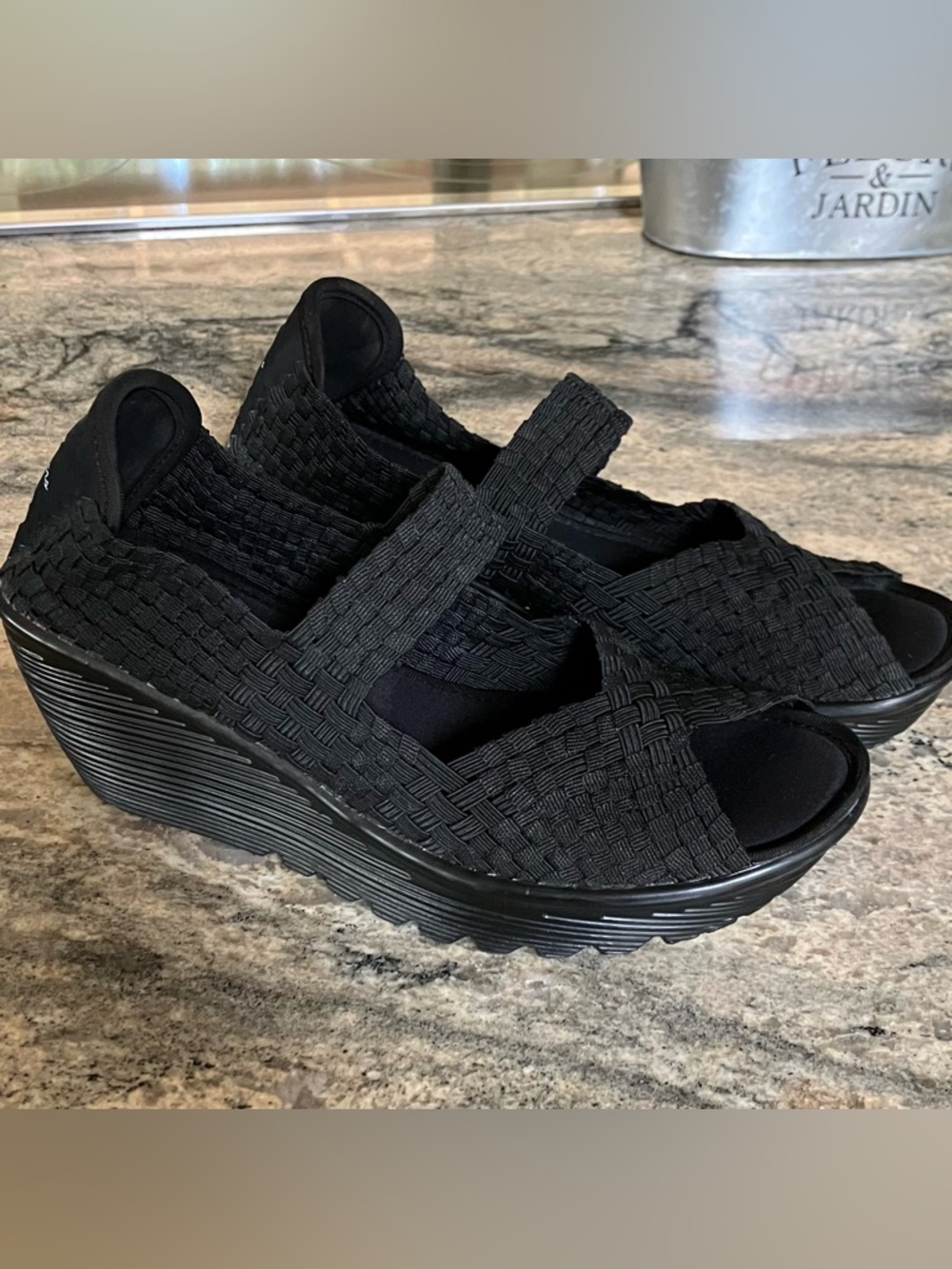 Sketchers Women’s Black Wedge Sandals - Stretch Woven Comfort